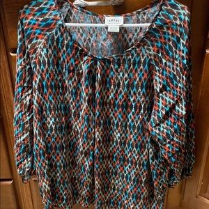 Ariat Blue, Orange and Brown 3/4 Sleeve Pleated Blouse